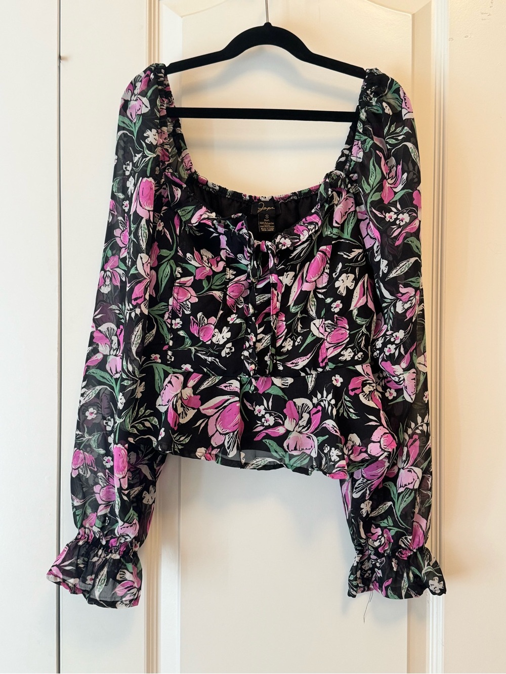 Japna Floral Square-Neck Peasant Blouse - Black & Pink - Size Small